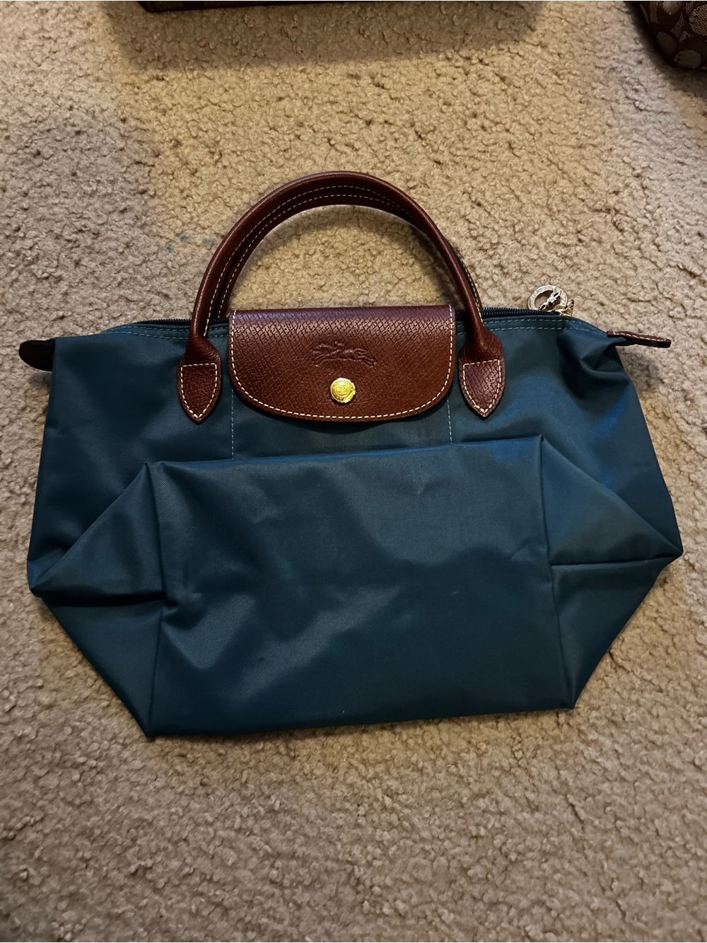 Longchamp Small Foldable Tote in Teal with Brown Trim